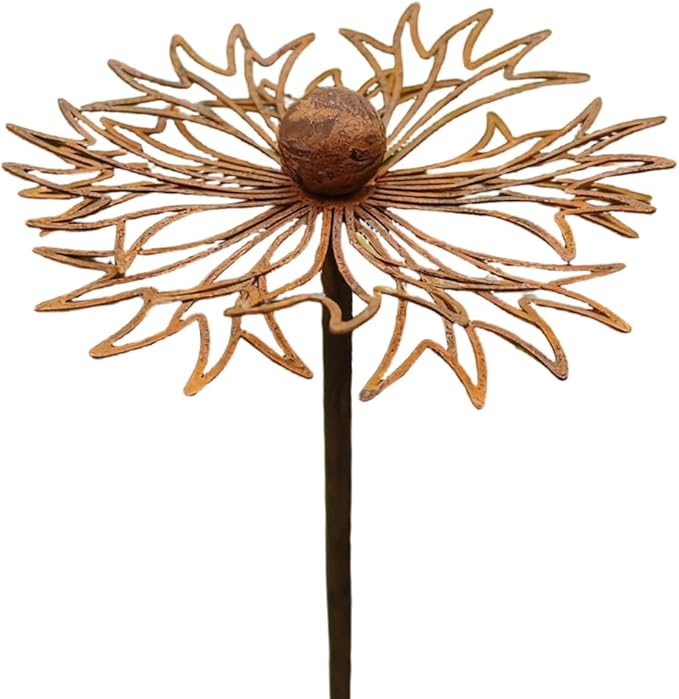 Vintage Rusty Cornflower Statue Stake 12 Inch Metal Artistic Wire Art Decor Rustic Garden Sculptures for Lawns Yard Patio Home Farmhouse Decorations (Rusty)