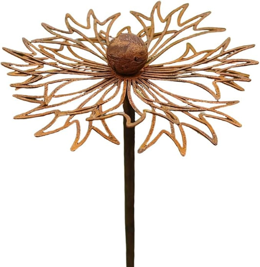 Vintage Rusty Cornflower Statue Stake 12 Inch Metal Artistic Wire Art Decor Rustic Garden Sculptures for Lawns Yard Patio Home Farmhouse Decorations (Rusty)