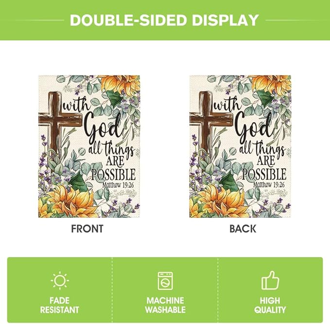 AVOIN colorlife Sunflower Spring Summer Garden Flag 12x18 Inch Double Sided Outside, With God All Things Are Possible Floral Yard Outdoor Decoration