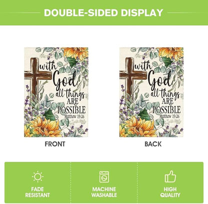 AVOIN colorlife Sunflower Spring Summer Garden Flag 12x18 Inch Double Sided Outside, With God All Things Are Possible Floral Yard Outdoor Decoration