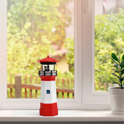 NINEFOX Solar Lighthouse Outdoor Solar Rotating LED Lighthouse Light Waterproof Lighthouse Statue Decorative LED Rotating Lamp for Garden Landscape Outside Yard(Red)