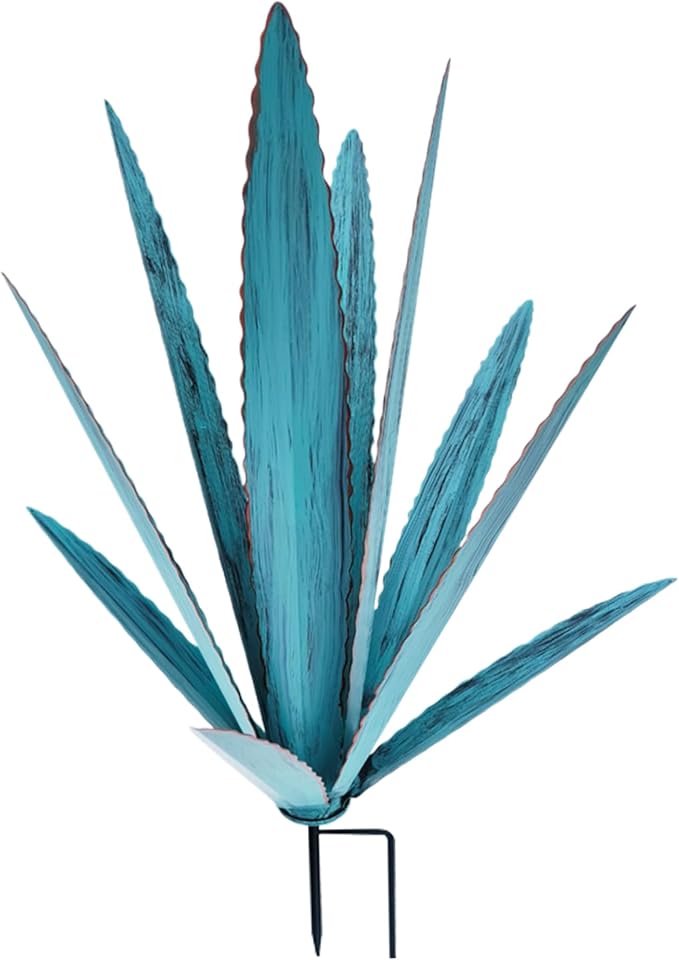 Metal Agave Plants Outdoor Decor with Stake, Rustic Metal Cactus Yard Art, Waterproof Yard Sculpture Outdoor for Garden Patio Lawn Home Decor, Blue, Small, Sculpture