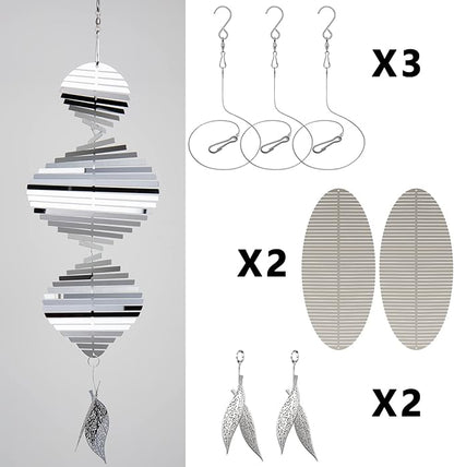 Wind Spinners, 2× 3D Stainless Steel Outdoor Hanging Wind Spinner, 2× Metal Pendants and 3× 360° Rotating Hooks with Wirerope, Reflective Decor for Outside Yard and Garden (2 Pack) (Helix-Like)