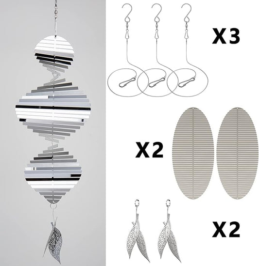 Wind Spinners, 2× 3D Stainless Steel Outdoor Hanging Wind Spinner, 2× Metal Pendants and 3× 360° Rotating Hooks with Wirerope, Reflective Decor for Outside Yard and Garden (2 Pack) (Helix-Like)