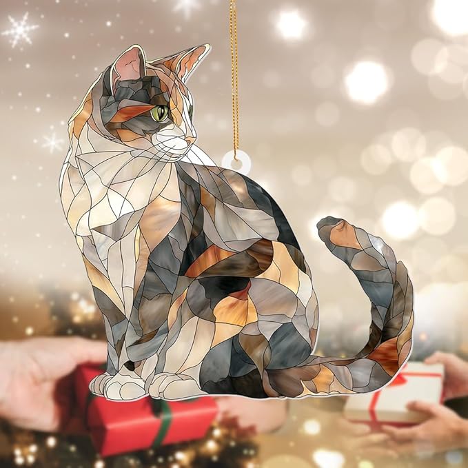 Stained Glass Cat Ornament – 2025 Christmas Tree Decoration, Handmade Animal Suncatcher for Window, for Cat Lovers & Unique Home Décor (Sun-05)