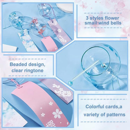BENECREAT 3pcs Japanese Wind Chimes Pink Blue Light Purple Flower Wind Bells Handmade Glass Pendants for Wedding Festival Gift, Garden Window Outdoor or Indoor Home Decors