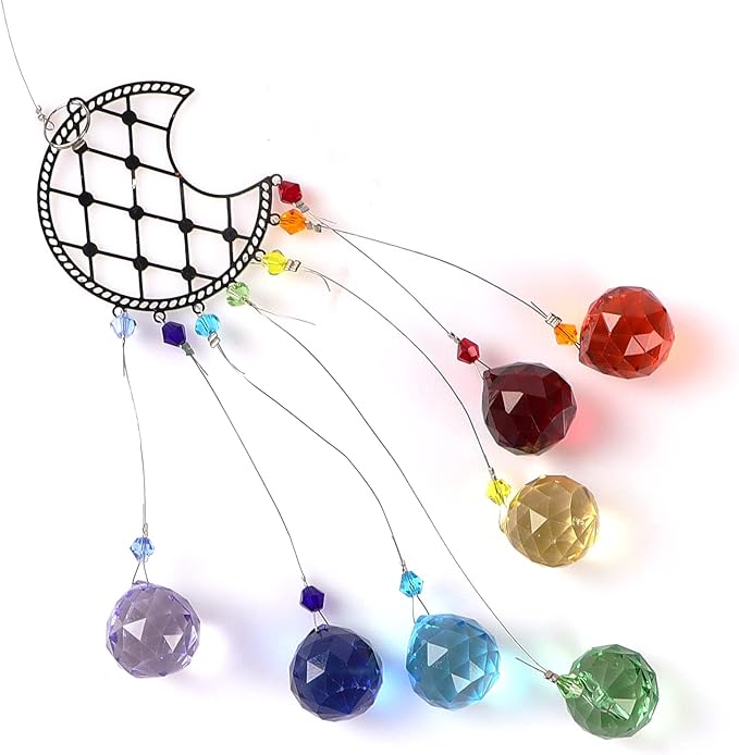 Crystal Moon Suncatcher Stained Glass Beads Rainbow Maker Window Wall Hanging Prism Pendant Garden Outdoor Home Decor Ornaments