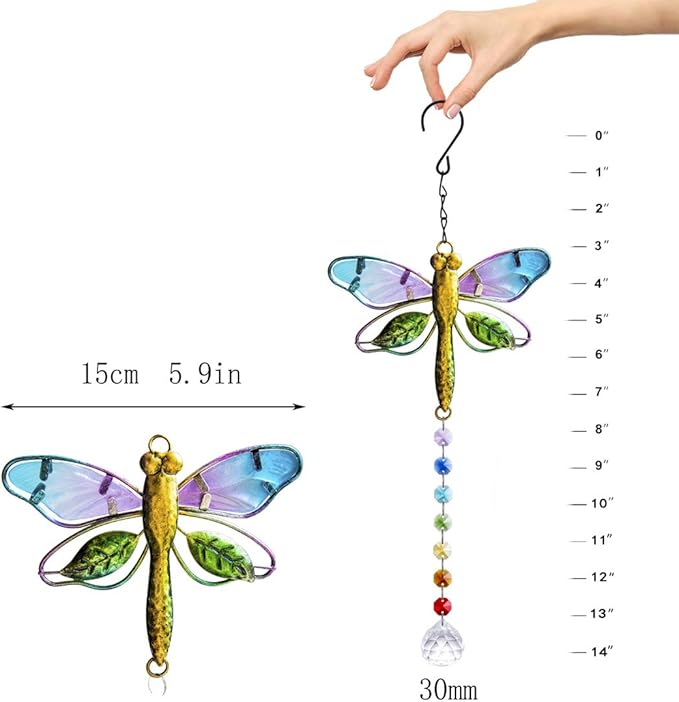 14'' Dragonfly Decor Stained Glass Suncatcher for Windows Hanging Crystal Sun Catcher Prism Rainbow Maker Pendant Ornament for Christmas Tree