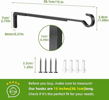 Saffruff 15 Inch 2 Black Pack Heavy Duty Outdoor Plant Hangers, Iron Hanging Plant Brackets for Hanging Plants Outside, Metal Plant Hooks Plant Wall Hooks for Hanging Lantern, Bird Feeder