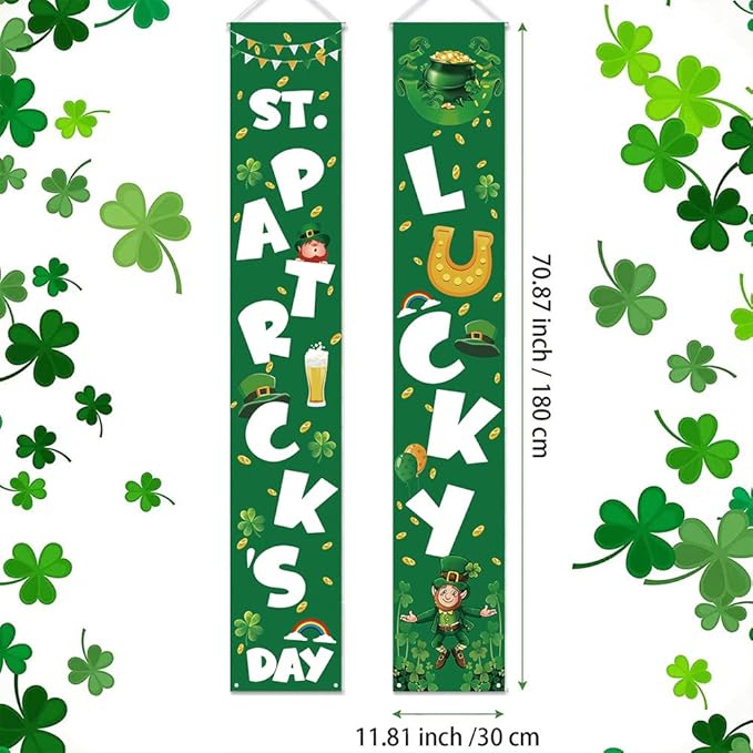 St Patricks Day Porch Decorations - Saint Shamrock Porch Sign Leprechaun Decor - Hanging Banners Decorations for Front Door Outside Yard Garden Party Supplies