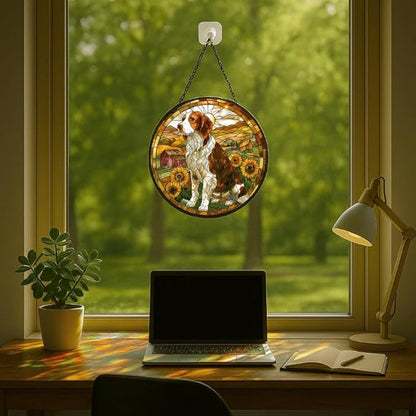 Stained Glass Window Hanging - Farm Dog & Sunflower Field 7.8in Sun Catchers Indoor Stained Glass Panels Wall Decor for Mom, Wife, Lovers, Festive