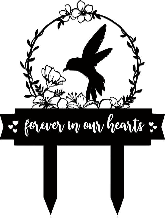 Geelin Memorial Stakes Cemetery Decorations for Grave Hummingbird Grave Marker Memorial Plaques Bird Flower Gift for Loss of Mother Father Outdoors Yard Garden Decor(Forever Our Hearts)