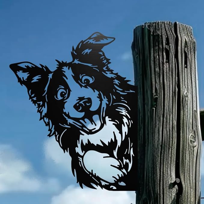 WADORN Peeping Dog Metal Garden Yard Art Decor, Watching Dog Ornament Wall Art for Farm Cute Animal Iron Silhouette Outdoor Fence Decor