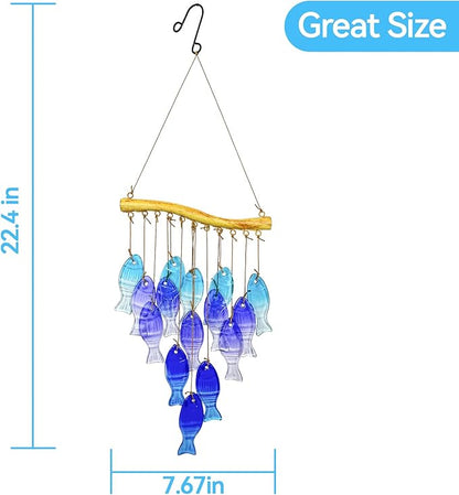 Sea Glass Wind Chime, Fish Shape Glass Windchime for Outside, Indoor Outdoor Decor for Patio Garden Yard, Nice Gifts for Mom & Women, Memorial Sympathy Gift for Home