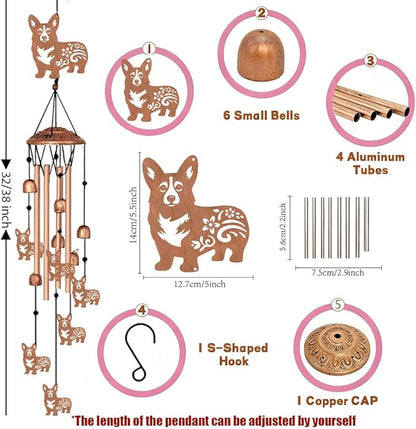 INFUNLY Corgi Wind Chimes for Outside Puppy Metal Wind Chime Aluminum Windchime Tubes Dog Animal Memorial Wind-Bell Retro Music Windchimes with Bells for Yard Garden Decor Housewarming Birthday Gift