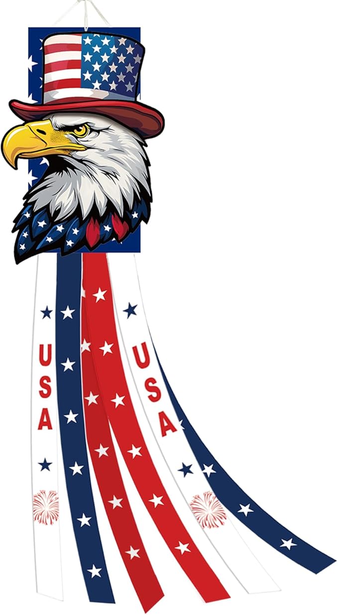 40 Inches USA Eagle Windsock Decoration, Patriotic Eagle Head Themed Hanging Outdoor Wind Sock Ornament with Red, White, Blue Streamers, 'USA' Lettering, and Stars for 4th of July, Memorial Day Decor