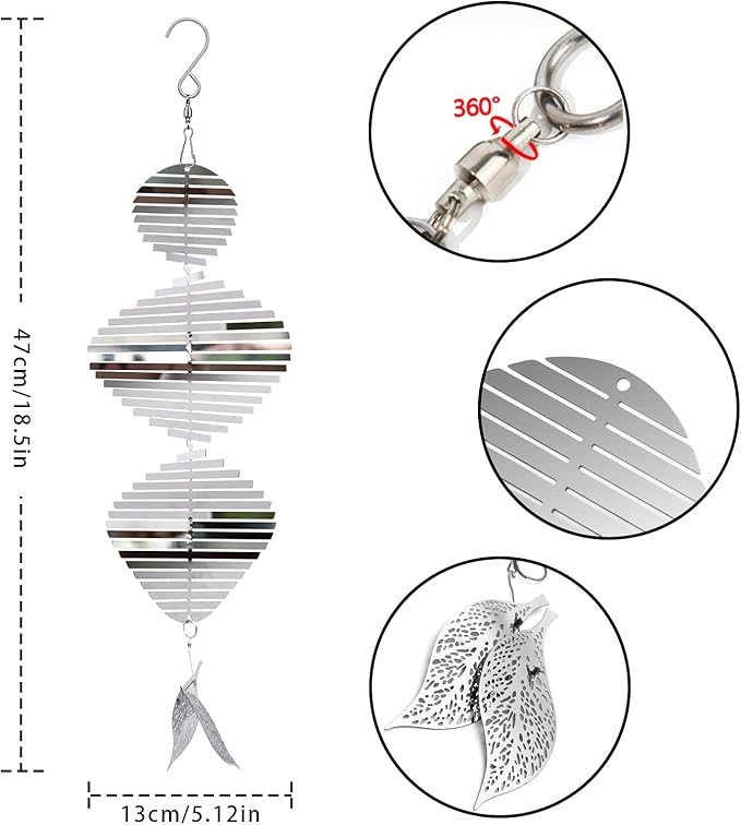 Wind Spinners, 2× 3D Stainless Steel Outdoor Hanging Wind Spinner, 2× Metal Pendants and 3× 360° Rotating Hooks with Wirerope, Reflective Decor for Outside Yard and Garden (2 Pack) (Helix-Like)