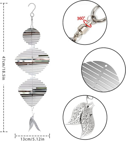 Wind Spinners, 2× 3D Stainless Steel Outdoor Hanging Wind Spinner, 2× Metal Pendants and 3× 360° Rotating Hooks with Wirerope, Reflective Decor for Outside Yard and Garden (2 Pack) (Helix-Like)