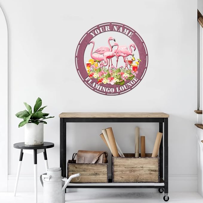 MeMate Flamingo Metal Sign, Outdoor Décor for Backyard, Patio, Pool, Kitchen, Lounge, Personalized Name Outdoor Sign, Pink Metal Sign Housewarming Gift for Family Friend