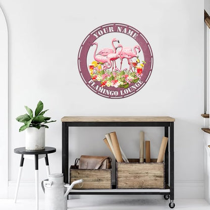 MeMate Flamingo Metal Sign, Outdoor Décor for Backyard, Patio, Pool, Kitchen, Lounge, Personalized Name Outdoor Sign, Pink Metal Sign Housewarming Gift for Family Friend