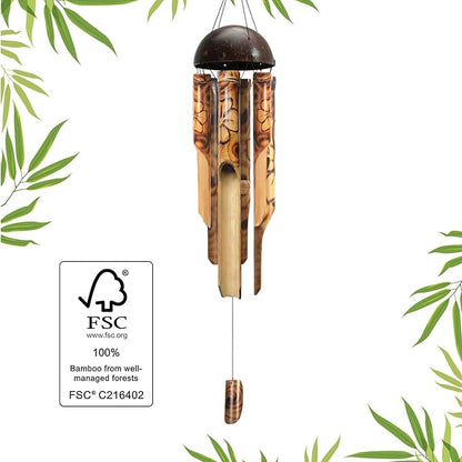 ASTARIN Bamboo Wind Chimes for Outside,Handcrafted Wooden Wind Chimes for Outside with Coconut Crown, Floral Burned Design Bamboo Windchimes for Garden,Yard,Home(35 Inch)(FSC Certified)