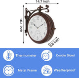 BESTIME 66276A Double Sided Metal Wall Clock with Antique Red Copper. Dial: 10-Inch,Thermometer, Quiet,Easy Read,Retro Station,Antique Hanging Clocks for Garden,Home Decor,Indoor,Outdoor,Living Room.