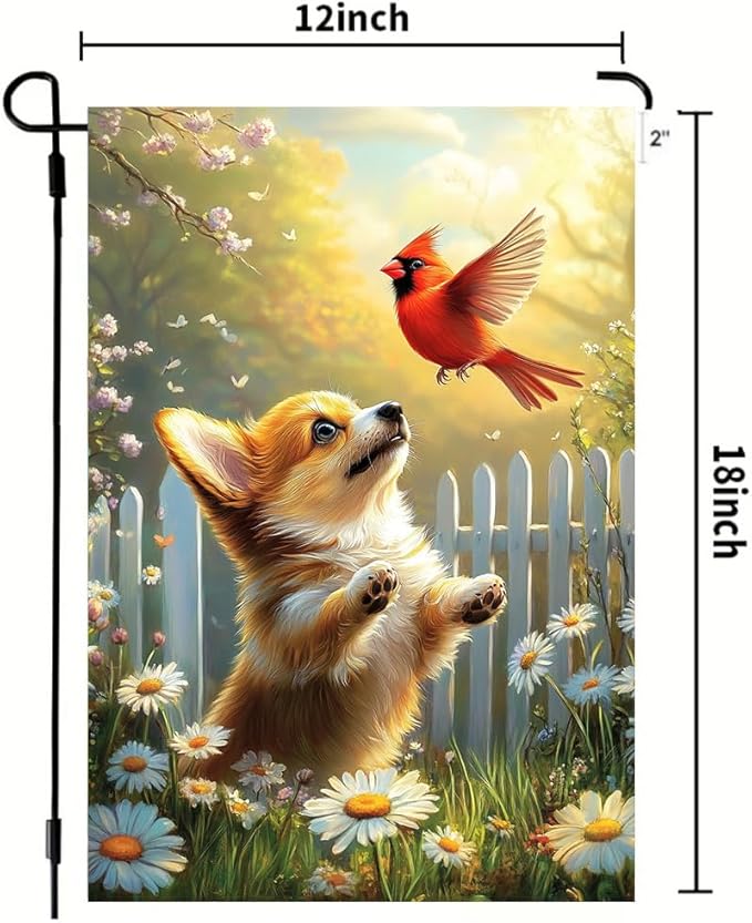 Spring Summer Garden Flags 12x18 Double Sided, Small Burlap Seasonal Cardinal Floral Corgi Dog Garden Flag Spring Summer Outdoor Yard Decorations for Outside Lawn Decor
