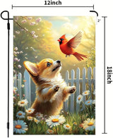 Spring Summer Garden Flags 12x18 Double Sided, Small Burlap Seasonal Cardinal Floral Corgi Dog Garden Flag Spring Summer Outdoor Yard Decorations for Outside Lawn Decor