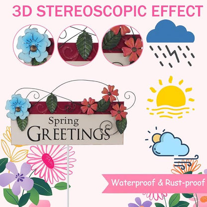Spring Decor Outdoor Spring Greetings Flower Metal Garden Stakes Decorative Colorful Floral Welcome Sign Yard Art Garden Decorations for Home Outside Lawn Porch Backyard Walkwa