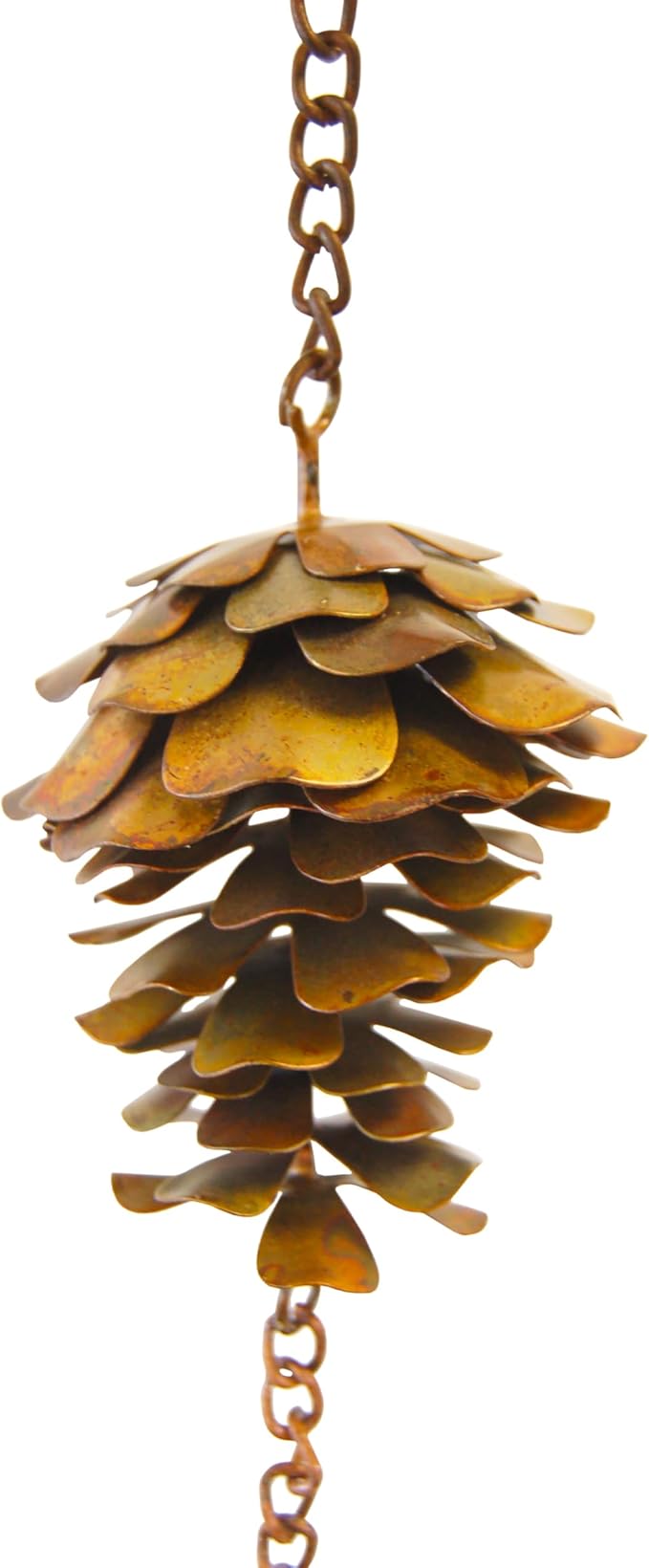 Ancient Graffiti Pine Cones and Bells Rain Chains, Flamed Copper Color, Pack of 2 – Metal Downspout Replacement with Pine Cone Motif, Bells & Gutter Clips, 100 in