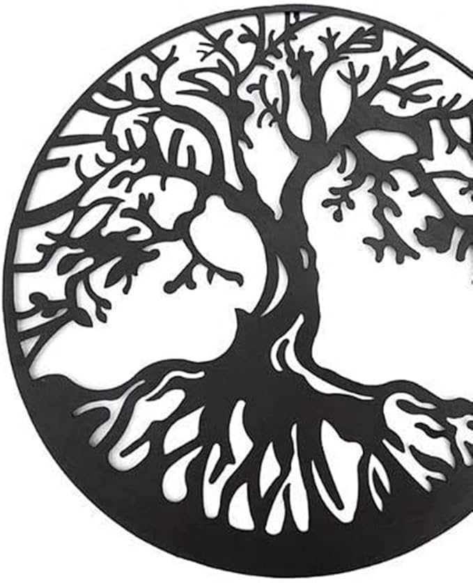 Bellaa 20230 Metal Wall Art Tree Circle Of Life Round Hanging Sculptures Indoor Living Room Outdoor Garden Patio Decor Black 24 inch