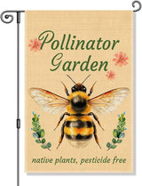 Perfectinsoy Pollinator Garden with Native Plants Pesticide Free Garden Flag, No Mow Sign, Pollinator Friendly Garden Sign, Welcome Yard Farmhouse Spring Outdoors Decor, Bee Lover Gifts for Gardeners