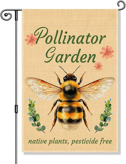 Perfectinsoy Pollinator Garden with Native Plants Pesticide Free Garden Flag, No Mow Sign, Pollinator Friendly Garden Sign, Welcome Yard Farmhouse Spring Outdoors Decor, Bee Lover Gifts for Gardeners