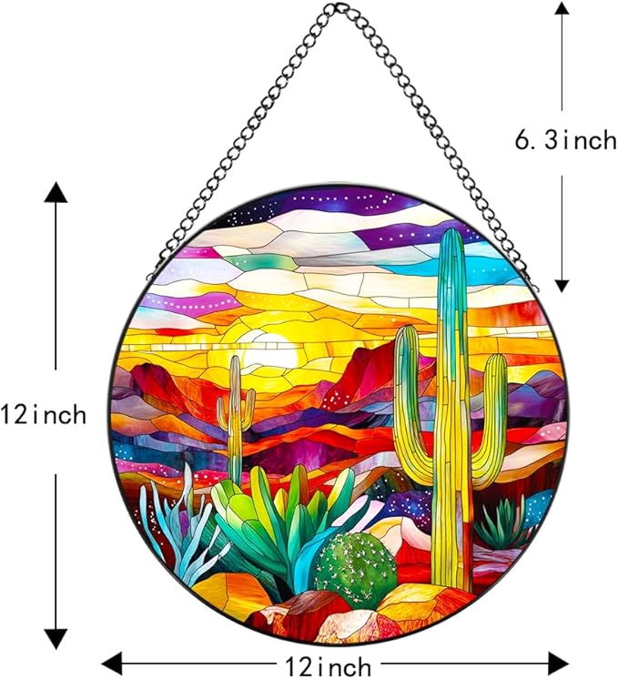 Handmade Stained Glass Sun Catcher Stained Glass Desert Scene Saguaro Fiery Hues,11.8 Inch Window Hanging Ornament Cactus Art Decoration Window Decor Outdoor Garden Decor