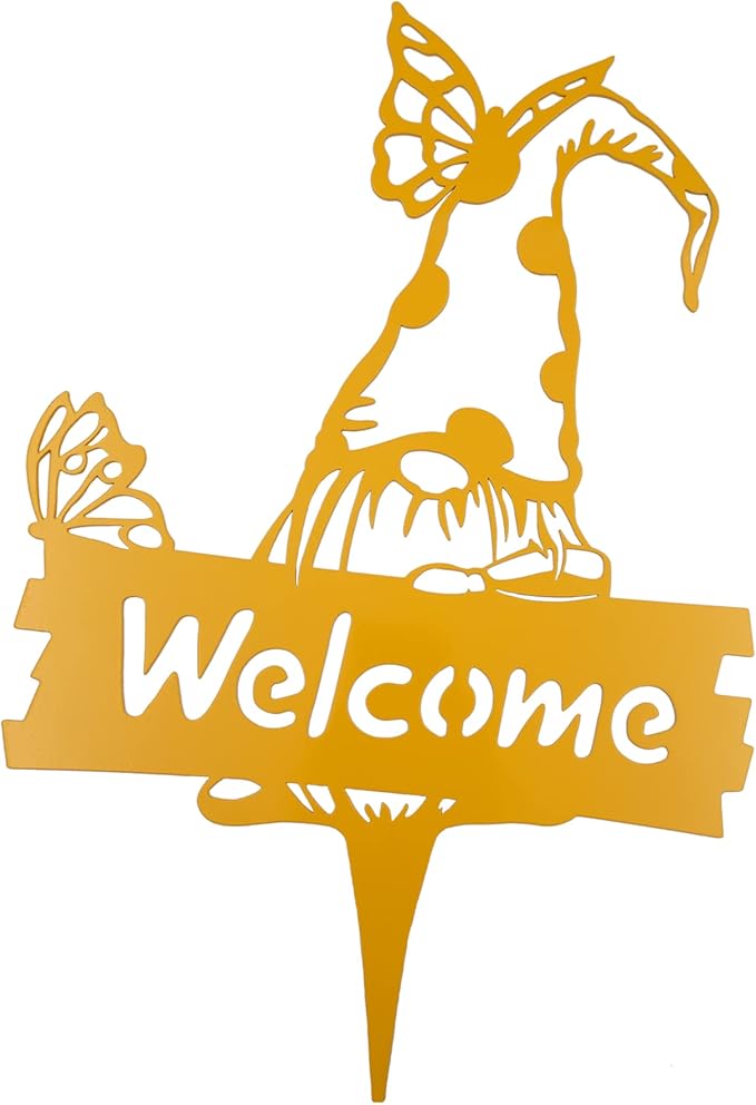 SteelFreak Gnome with Butterfly & Sign Metal Yard Stake Art (18 Inch, Yellow) - Made in USA