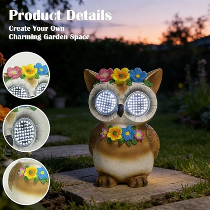 Solar Garden Statue with LED Lights, Dynamic Blinking Lights and Flowers, Outdoor Garden Figurine for Patio Porch Lawn Backyard Decor, Housewarming Gifts for Women (Owl)