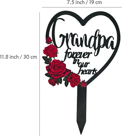 AIM & GGKK Memorial Stake for Grandpa - Metal Heart Grave Marker with Red Roses, Memorial Plaque Cemetery Decor for Grave, Garden, Gravesite