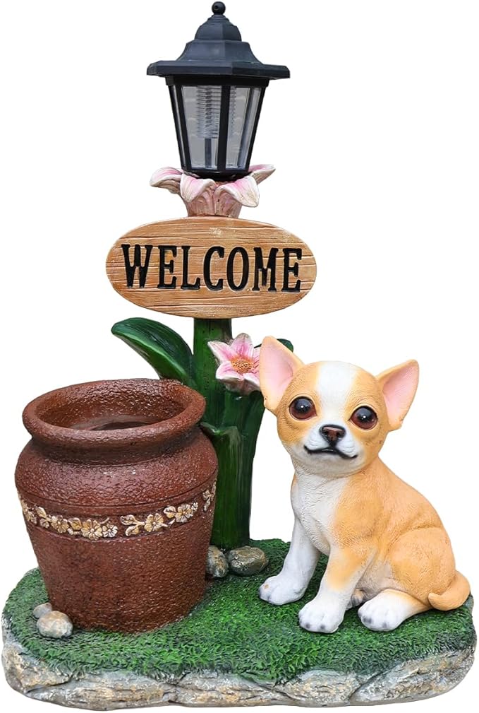 Solar Garden Statue with Planter & Solar Lantern, Outdoor Resin Animal Sculpture, Waterproof Yard Lawn Decor Pot for Succulents, Front Porch Ornament Housewarming Gift (Sitting Corgi)