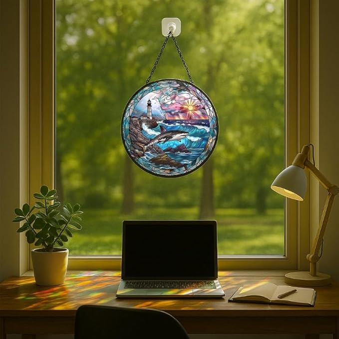Stained Glass Window Hanging - Sunset Ocean Whale Sun Catchers Indoor Stained Glass Panels Wall Decor for Mom Wife Lovers Festive