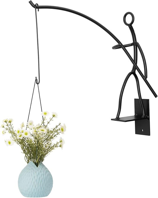 Gute Fisherman Stick Man Plant Hanger, Creative Wall Mount Metal Decor Plant Holder for Balcony Garden Porch - 14" Black