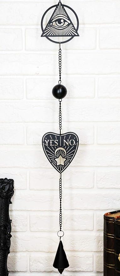 Ebros Ouija Board Planchette and All Seeing Eye of Providence Black Coated Steel Metal Wall Hanging Wind Chime with Beads Home and Patio Decor Wicca Occult Mobile Noisemaker
