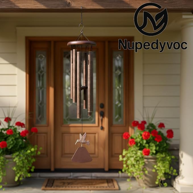 32” Large Matte Antique Bronze Hummingbird Aluminum Wind Chimes with Iron Cap for Outside, Deep Tone Outdoor Garden Patio Waterproof Decor, Ideal Gift for Mother's Day, Meditation, Relaxation