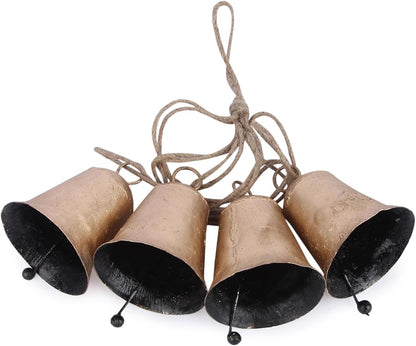 Decorative Cow Bell, 27" Hanging Bells Chime, Rustic Antique Brass Finish Metal Bells with Jute Rope, Tibetan Inspired Farmhouse Vintage Cascading Bell's for Indoor, Outdoor Patio, Garden & Wall Decor