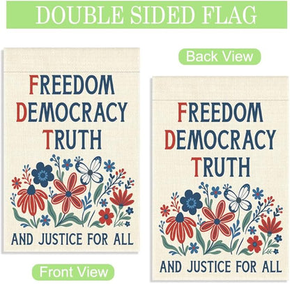Freedom Democracy Truth and Justice for All Garden Flag, 12 x 18 Inch Double Sided Floral Outdoor Patio Garden Decor, Patriotic Yard Banner for Civic Engagement Advocate 4th of July Homeowner