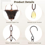 Copper Rain Chain, Decorative Gutter Downspout, 8.5 Ft with 12 Cups, Weather-Resistant Garden Water Diverter for Outside