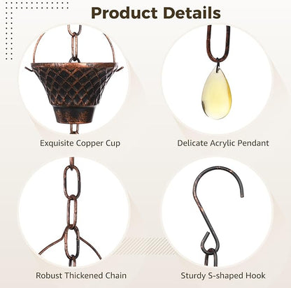 Copper Rain Chain, Decorative Gutter Downspout, 8.5 Ft with 12 Cups, Weather-Resistant Garden Water Diverter for Outside