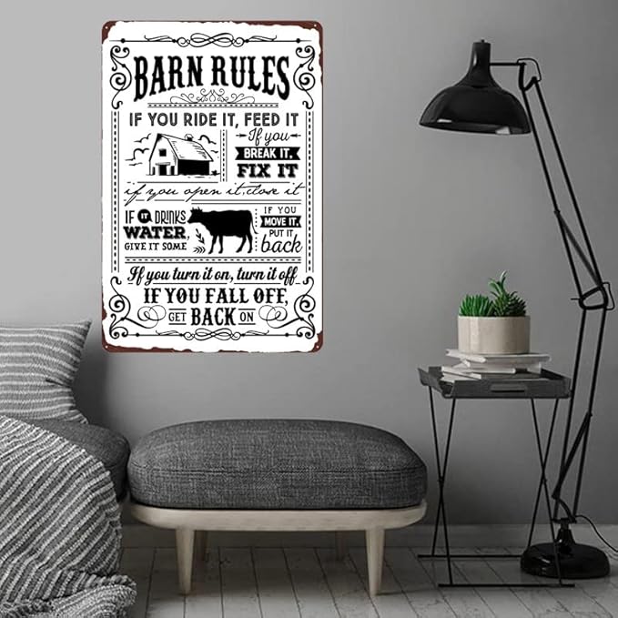 Barn Rules Metal Sign - If You Ride It，Feed It - Cow Vintage Tin Sign for Barn Farm Yard Wall Decor 12x8 Inch