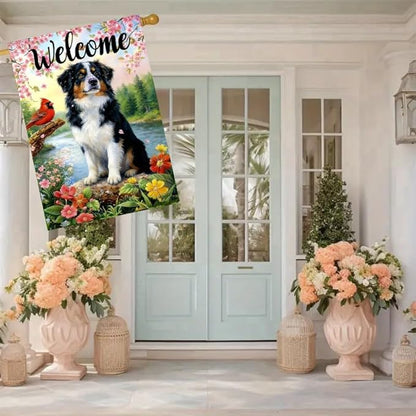 Large Spring Summer House Flags 28 x 40 Double Sided, Burlap Australian Shepherd Dog Flowers Spring Summer Flags for Outside, Seasonal Farmhouse Outdoor Yard Décor