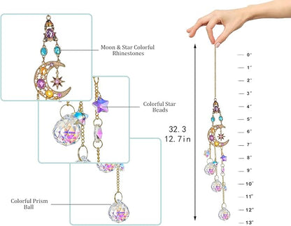 H&D HYALINE & DORA Handmade Crystal Moon&Star Prisms Suncatchers, Glass Window Hanging Ornament, Rainbow Rhinestones Decor for Home Garden Imitation Jewellery
