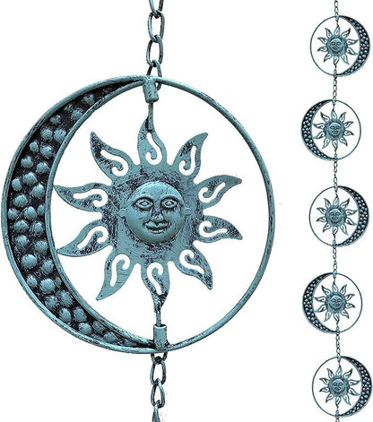 Sun and Moon Decorative Rain Chain, 8.5 Ft Rain Chains for Gutters, Metal Garden Decor Rain Chime, Functional Replacement Catcher Chains for Outside Downspouts, Rotational Sun Face Design